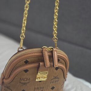 MCM Tan Visetos Micro Crossbody with Gold Hardware